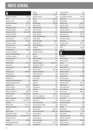 8
ÍNDICE GENERAL
A
Abecedario (plantilla) 480, 481
Abono 790
Abrasivo en rollo 80, 81
Abrasivos maquinaria 212-215
Abrazadera 517, 518
Abrazadera mástil TV 616
Abrelatas/abrebotes 1061, 1062
Abrepuertas eléctrico 334, 358-360
Accesorios alicatado 78
Accesorios barbacoa 767, 768
Accesorios baño 911-913, 915
Accesorios bicicleta 542, 543
Accesorios chimenea 1218
Accesorios cocina 1062-1068
Accesorios de cocina 1065
Accesorios grifos 635, 636
Accesorios minitaladro 216
Accesorios multiherramienta 216
Accesorios neumática 169, 170
Accesorios piscina 780
Accesorios PVC 656
Accesorios SDS 227, 228
Aceite linaza 886
Aceite lubricante 733, 734, 739
Aceite teca 886
Aceitera cocina 1068-1070
Acumulador frío 772
Adaptador eléctrico 566-568
Adaptador gas 978
Adaptador industrial/doméstico 573
Adaptador portabrocas SDS 227
Adaptador viaje 571, 572
Adhesivo contacto 825-827
Adhesivo en barra 1163
Adhesivo instantáneo 822-824
Adhesivo montaje 815, 816, 835
Adhesivo PVC 821, 822
Adhesivo reparación 816-821
Adhesivo sellador 819, 835-837
Afeitadora 932
Afilador cocina 1011, 1012
Afilador herramientas 122, 717
Aguarrás 868
Aguja saquera 309
Ahuyentador animales 796, 798
Ahuyentador insectos 790, 796, 798, 799
Aislamiento térmico 1233
Alambre 289-293
Alargador flexible taladro 224
Alargo pintor 854
Alarma 440
Alcayata 516, 517
Alcohol de quemar 868
Alcuza 196, 197
Aldabilla 403, 404
Alfombra baño 929, 930
Alfombra hogar 1097
Alfombrilla coche 541
Alicate cortauñas 121
Alicate electrónica 21, 22
Alicate mecánica 19-21
Alicate multiherramienta 121
Alicate ojetero 24
Alicate pelacables 22-24
Alicate pico loro 22, 23
Alicate sacabocados 25
Almohada 1215
Almohada lectura 944
Almohadilla térmica 1235
Altavoz 624
Alzapaño 1101
Amarre remolque 314
Ambientador 1104
Amoladora angular 142-145, 212
Amplificador señal TV 618
Amplificador wifi 617
Anclaje químico 507, 508
Angulares magnéticos 139
Anilla cortina baño 930
Anilla giratoria 298
Anilla visillos 1101
Antena TV 617
Antióxido 897
Antipalomas 797
Antironquidos 944
Arandela 511-513
Archivador 1168
Arco sierra 122, 123
Arco sierra marquetería 123-125
Arcón portaherramientas 192
Arcón resina 810
Arcón resina exterior 781, 810
Armario eléctrico estanco 560
Armario estanco 560
Armario llavero 534, 535
Armario resina exterior 1182, 1183
Armario taquilla 1182
Armario tela 1185
Armario zapatero 1184
Arnés desbrozadora 739
Arnés seguridad 269, 270
Arqueta jardín 760
Arrocera eléctrica 1031
Asa abatible 441
Asa carpintería aluminio 443, 444
Asador grill 974
Asidero bañera 946
Aspersor riego 746, 747
Aspirador cenizas 1219, 1220
Aspirador hogar 1136-1140
Aspirador industrial 167
Aspirador/soplador jardín 729, 730
Atomizador grifo 634, 635
Atornillador batería 145, 146
Atornillador impacto 146
Atril cocina 1051
Auricular sonido 623, 624
Avellanador 52
Azada 691-695
Azucarero 1085
B
Bajo plato 1077
Balanza cocina 1053, 1054
Baldosa espuma 1097
Balines 1175
Banco de trabajo 192
Banco vestuario 1182
Banda unión césped 813
Bandeja cubiertos 1050
Bandeja cubitos 1095
Bandeja horno 962, 963
Bandeja plegable 991
Banqueta baño/ducha 918
Barbacoa carbón 762-764
Barbacoa gas 764, 765
Barra abdominales 1174
Barra antipánico 348, 349
Barra armario 408, 409
Barra bloqueo puerta 434
Barra cortina baño 930
Barra ducha 902
Barrena para madera 52
Barrena tres puntas 228
Barrera cama 1156
Barreño 1129
Báscula baño 919-922
Báscula pesamaletas 1170
Base enchufe 568-571
Base/clavija enchufe 573-575
Bastones senderismo 778
Batería cocina 964, 965
Batidor capuccino 1022
Batidor repostería 1056
 