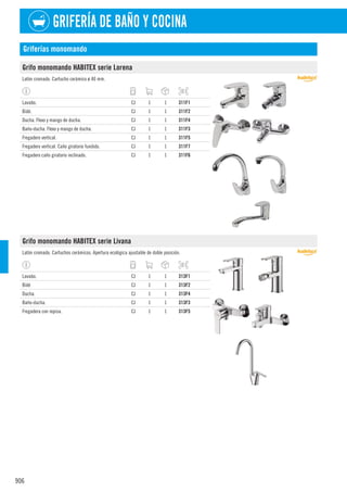 906
GRIFERÍA DE BAÑO Y COCINA
Griferías monomando
Grifo monomando HABITEX serie Lorena
Latón cromado. Cartucho cerámico ø 40 mm.
Lavabo. CJ 1 1 311F1
Bidé. CJ 1 1 311F2
Ducha. Flexo y mango de ducha. CJ 1 1 311F4
Baño-ducha. Flexo y mango de ducha. CJ 1 1 311F3
Fregadero vertical. CJ 1 1 311F5
Fregadero vertical. Caño giratorio fundido. CJ 1 1 311F7
Fregadero caño giratorio inclinado. CJ 1 1 311F6
Grifo monomando HABITEX serie Livana
Latón cromado. Cartuchos cerámicos. Apertura ecológica ajustable de doble posición.
Lavabo. CJ 1 1 313F1
Bidé CJ 1 1 313F2
Ducha. CJ 1 1 313F4
Baño-ducha. CJ 1 1 313F3
Fregadera con repisa. CJ 1 1 313F5
 