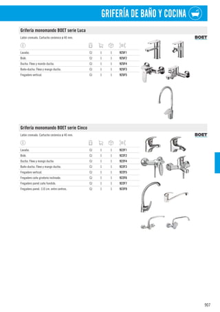 907
GRIFERÍA DE BAÑO Y COCINA
Grifería monomando BOET serie Luca
Latón cromado. Cartucho cerámico ø 40 mm.
Lavabo. CJ 1 1 925F1
Bidé. CJ 1 1 925F2
Ducha. Flexo y mando ducha. CJ 1 1 925F4
Baño-ducha. Flexo y mango ducha. CJ 1 1 925F3
Fregadero vertical. CJ 1 1 925F5
Grifería monomando BOET serie Cinco
Latón cromado. Cartucho cerámico ø 40 mm.
Lavabo. CJ 1 1 922F1
Bidé. CJ 1 1 922F2
Ducha. Flexo y mango ducha. CJ 1 1 922F4
Baño-ducha. Flexo y mango ducha. CJ 1 1 922F3
Fregadero vertical. CJ 1 1 922F5
Fregadero caño giratorio inclinado. CJ 1 1 922F6
Fregadero pared caño fundido. CJ 1 1 922F7
Fregadero pared. 110 cm. entre centros. CJ 1 1 922F9
 