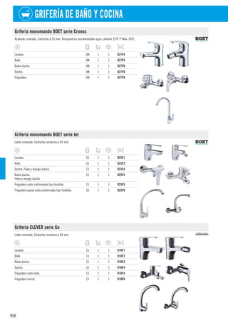 908
GRIFERÍA DE BAÑO Y COCINA
Grifería monomando BOET serie Cronos
Acabado cromado. Cartucho ø 35 mm. Temperatura recomendable agua caliente 55ºC Tº Max. 65ºC.
Lavabo. UN 1 1 927F4
Bidé. UN 1 1 927F5
Baño-ducha. UN 1 1 927F6
Ducha. UN 1 1 927F8
Fregadero. UN 1 1 927F9
Grifería monomando BOET serie Jet
Latón cromado. Cartucho cerámico ø 40 mm.
Lavabo. CJ 1 1 923F1
Bidé. CJ 1 1 923F2
Ducha. Flexo y mango ducha. CJ 1 1 923F4
Baño-ducha.
Flexo y mango ducha.
CJ 1 1 923F3
Fregadero caño conformado tipo fundido. CJ 1 1 923F5
Fregadero pared caño conformado tipo fundido. CJ 1 1 923F6
Grifería CLEVER serie Go
Latón cromado. Cartucho cerámico ø 40 mm.
Lavabo. CJ 1 1 910F1
Bidé. CJ 1 1 910F2
Baño ducha. CJ 1 1 910F3
Ducha. CJ 1 1 910F4
Fregadero caño tubo. CJ 1 1 910F5
Fregadero mural. CJ 1 1 910F6
 