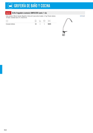 910
GRIFERÍA DE BAÑO Y COCINA
NUEVO Grifo fregadero osmosis IONFILTER Lewis 1 vía
Caño giratorio. Mínimo tamaño. Boquilla en forma de V para evitar el goteo. 1,7 kg. Presión máxima
10 bares. Conexión tubo 1/4. 214x130 mm.
Cromado brillante. UN 1 1 954F6
 
