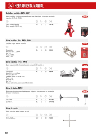 96
HERRAMIENTA MANUAL
I
Caballete metálico RATIO 5507
Juego 2 unidades. Estructura metálica reforzada. Base 190x165 mm. Con pasador metálico de
seguridad. Certificado TÜV/GS.
Carga máxima: 2.000 kg.
Altura regulable: 278-420 mm.
CJ 1 2 5507H2
Llave bicicleta 8en1 RATIO 6893
Compacto y ligero. Acabado niquelado.
Composición:
Hexagonal: 2, 3, 4, 5, 6 mm.
Torx: T-25.
Phillips: PH Nº1.
Plana: 5 mm.
BL 1 25 6893H
Llave bicicleta 17en1 RATIO
Marco de aluminio 6061. Herramientas cromo-vanadio 6150. Peso 168 gr.
Composición:
Allen: 2-2,5-3-4-5-6-8 mm.
Hexagonal: 8-10 mm.
Llave para radios: #F1-#F2-#F3-#F4.
Plana: 5 mm.
Philips:PH Nº2.
Torx: T-25
Troncha-cadenas inox para cassetes 8-9 velocidades.
PL 1 25 6895H
Llave de bujías RATIO
Acero cromo-vanadio satinado. Boca hexagonal magnética. Brazo articulado 295 mm. Mango
bimaterial antideslizante.
21x295 mm. PL 1 5 6715H21
16x295 mm. PL 1 5 6715H16
Llave de ruedas
Forma cruz. Acero aleado, cromada. DIN 899.
17x19x21x22 mm. UN 1 10 7516H
 