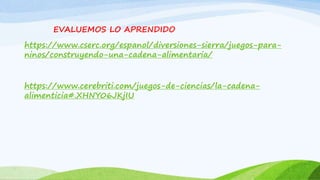 EVALUEMOS LO APRENDIDO
https://www.cserc.org/espanol/diversiones-sierra/juegos-para-
ninos/construyendo-una-cadena-alimentaria/
https://www.cerebriti.com/juegos-de-ciencias/la-cadena-
alimenticia#.XHNY06JKjIU
 