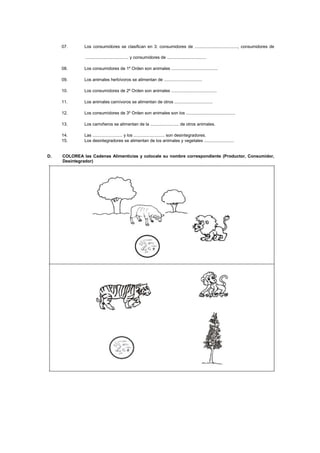 07. Los consumidores se clasifican en 3: consumidores de ...................................., consumidores de
.................................... y consumidores de .................................
08. Los consumidores de 1º Orden son animales .......................................
09. Los animales herbívoros se alimentan de ................................
10. Los consumidores de 2º Orden son animales ......................................
11. Los animales carnívoros se alimentan de otros ................................
12. Los consumidores de 3º Orden son animales son los .........................................
13. Los carroñeros se alimentan de la ........................ de otros animales.
14. Las ......................... y los .......................... son desintegradores.
15. Los desintegradores se alimentan de los animales y vegetales .........................
D. COLOREA las Cadenas Alimenticias y colocale su nombre correspondiente (Productor, Consumidor,
Desintegrador)
 