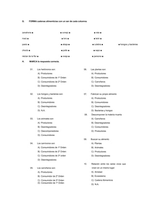 G. FORMA cadenas alimenticias con un ser de cada columna.
zanahoria ■
maíz ■
pasto ■
choclo ■
néctar de la flor ■
■ conejo ■
■ loro ■
■ abeja ■
■ pollo ■
■ oveja ■
■ rata ■
■ león ■
■ culebra ■
■ sapo ■
■ persona ■
■ hongos y bacterias
H. MARCA la respuesta correcta.
01. Los herbívoros son:
A) Productores
B) Consumidores de 1º Orden
C) Consumidores de 2º Orden
D) Desintegradores
02. Los hongos y bacterias son:
A) Productores
B) Consumidores
C) Desintegradores
D) N.A.
03. Los animales son
A) Productores
B) Desintegradores
C) Descomponedores
D) Consumidores
04. Los carnívoros son
A) Consumidores de 1º Orden
B) Consumidores de 2º Orden
C) Consumidores de 3º orden
D) Desintegradores
05. Los carroñeros son:
A) Productores
B) Consumidor de 2º Orden
C) Consumidor de 3º Orden
D) Consumidor de 1º Orden
06. Las plantas son:
A) Productores
B) Consumidores
C) Carroñeros
D) Desintegradores
07. Fabrican su propio alimento
A) Productores
B) Consumidores
C) Desintegradores
D) Bacterias y hongos
08. Descomponen la materia muerta
A) Carroñeros
B) Desintegradores
C) Consumidores
D) Productores
09. Buscan su alimento
A) Plantas
B) Animales
C) Productores
D) Desintegradores
10. Relación entre los seres vivos que
viven en un mismo lugar:
A) Amistad
B) Ecosistema
C) Cadena Alimenticia
D) N.A.
 