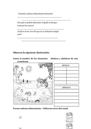 ¿Cuántas cadenas alimentarias formaste?
____________________________________
________________________________________
¿De qué se podría alimentar el águila si desapa-
recieran los zorros?
______________________________________
¿Cuál es el ser vivo del que no se alimenta ningún
otro?
_________________________________
____________________________________
Observa la siguiente ilustración:
Anota el nombre de los elementos bióticos y abióticos de este
ecosistema
Forma cadenas alimentarias. Utiliza los seres del costal.
BIÓTICOS
ABIÓTICOS
A
 