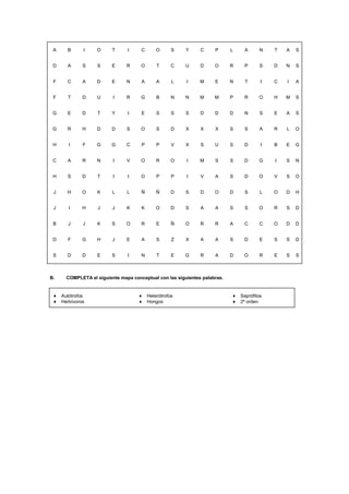 A B I O T I C O S Y C P L A N T A S
D A S S E R O T C U D O R P S D N S
F C A D E N A A L I M E N T I C I A
F T D U I R G B N N M M P R O H M S
G E D T Y I E S S S D D D N S E A S
G R H D D S O S D X X X S S A R L O
H I F G G C P P V X S U S D I B E G
C A R N I V O R O I M S S D G I S N
H S D T I I O P P I V A S D O V S O
J H O K L L Ñ Ñ D S D O D S L O D H
J I H J J K K O D S A A S S O R S D
B J J K S O R E Ñ O R R A C C O D D
D F G H J E A S Z X A A S D E S S D
S D D E S I N T E G R A D O R E S S
B. COMPLETA el siguiente mapa conceptual con las siguientes palabras.
♦ Autótrofos
♦ Herbívoros
♦ Heterótrofos
♦ Hongos
♦ Saprófitos
♦ 2º orden
 