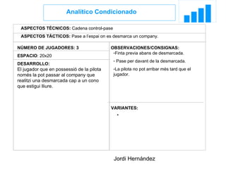 NÚMERO DE JUGADORES: 3  ESPACIO : 20x20 DESARROLLO: Analítico Condicionado Jordi Hernández  OBSERVACIONES/CONSIGNAS: VARIANTES: ASPECTOS TÉCNICOS:  Cadena control-pase ASPECTOS TÁCTICOS:  Pase a l’espai on es desmarca un company. El jugador que en possessió de la pilota només la pot passar al company que realitzi una desmarcada cap a un cono que estigui lliure.  Finta previa abans de desmarcada. Pase per davant de la desmarcada. La pilota no pot arribar més tard que el jugador. 