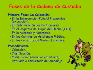 Fases de la Cadena de Custodia   Primera   Fase: La Colección: En la Intervención Policial Preventiva (excepción).  En Intervención por Particulares.  En el Registro del Lugar del Hecho (ITO).  En la Autopsia y Necrópsia.  En los Centros de Asistencia Médica.  En los Consultorios Medico Forenses. Procedimiento. Colección. Clasificación..  Codificación (numeral y/o literal). Rotulado o etiquetado del embalaje  