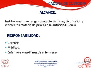 ALCANCE:
Instituciones que tengan contacto víctimas, victimarios y
elementos materia de prueba a la autoridad judicial.
CADENA DE CUSTODIA
 Gerencia.
 Médicos.
 Enfermera y auxiliares de enfermería.
RESPONSABILIDAD:
UNIVERSIDAD DE LOS LLANOS
FACULTAD DE CIENCIAS DE LA SALUD
PROGRAMA DE ENFERMERÍA
2010
Enfermera
Amalia Priscila Peña Pita
Diapositiva
3
 