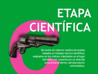 ETAPA
CIENTÍFICA
Secentra en obtener mediosde prueba
basados en trabajos técnico-científicos
realizados en los indicios colectados en el lugar
del hecho por expertosen un área del
conocimiento dentro del laboratorio
criminalístico.
 