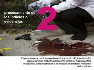 procesamiento de
los indicios o
evidencias
Etapa en la que se practican aquellas actividades metodológicas referentes
al procesamiento del lugar de los hechospara llevar acabounaeficaz
investigación,dándole aplicación a los métodos de búsqueda y ubicación
de los indicios.
 