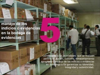 manejo de los
indicios o evidencias
en la bodega de
evidencias
Corresponde a las actividades que se realizan
para la recepción, custodia, almacenamiento
apropiado y manejo de los indicios o evidencias
en la bodega a fin garantizar su idoneidad,
integridad y autenticidad.
 