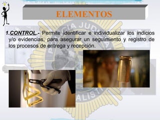 ELEMENTOS 
1.CONTROL.- Permite identificar e individualizar los indicios 
y/o evidencias, para asegurar un seguimiento y registro de 
los procesos de entrega y recepción. 
 