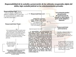 Responsabilidad de la custodia y preservación de los vehículos recuperados objeto del 
delito, bajo custodia judicial en los estacionamientos privados 
Responsabilidad legal, Osorio 
“como La deuda u obligación de 
reparar o satisfacer por sí o por otro, 
la consecuencia de un delito, culpa 
o de otra causa legal...” 
Código Civil venezolano 
(1982), artículo 1.185 primer 
aparte “El que con intención, o 
por negligencia o por 
imprudencia, ha causado un daño 
a otro, está obligado a repararlo 
“es la situación jurídica 
del patrimonio 
de la persona que ha 
causado un daño injusto, 
quien queda obligado a 
repararlo” 
Responsabilidad 
administrativa 
Responsabilidad civil 
Responsabilidad Penal 
es la consecuencia jurídica cuando existe 
una violación de la ley, realizada por un 
sujeto imputable o inimputable que lleva 
a término actos previstos como ilícitos, 
lesionando o poniendo en peligro un bien 
material o la integridad física de las 
personas 
CP .artículo 60, “la 
ignorancia de la ley 
no excusa ningún 
delito ni falta” 
Sala De Casación Civil, (2002 
... la responsabilidad civil extracontractual por 
hecho ilícito comprende diversas hipótesis: 1) la 
responsabilidad directa, ordinaria o por hecho 
propio, en que el agente material responde frente a 
la víctima por las consecuencias de su propia acción 
u omisión. 2) responsabilidad indirecta o por hecho 
ajeno, en que el hecho u omisión que causó de 
inmediato el daño fue cometido por una persona 
distinta de la obligada a responder por la víctima. 
un ejemplo de ello está establecido en el artículo 
1.191 del código civil, de conformidad con el cual 
los dueños y principales o directores son 
responsables del daño causado por el hecho ilícito 
de sus sirvientes y dependientes en el ejercicio de 
las funciones que les han empleado. 3) la 
responsabilidad por los daños causados por 
animales y cosas de su propiedad o bajo guarda o 
cuidado, prevista en los artículos 1.192, 1.193 y 
1.194 del código civil... 
artículo 61 
Nadie puede ser castigado como reo de delito 
no habiendo tenido la intención de 
realizar el hecho que lo constituye excepto 
cuando la ley se lo atribuye como consecuencia de 
su acción u omisión 
Cabanellas.: "obligación de reparar y 
satisfacer por uno mismo o, en 
ocasiones especiales, por otro, la 
pérdida causada, el mal inferido o el 
daño originado 
la responsabilidad civil del servidor 
público se traduce en la obligación 
de reparar el daño por parte del 
responsable o culpable frente a la 
persona directamente perjudicada, 
a diferencia de la penal, en la que 
responde frente a la sociedad 
representada por el estado. 
 