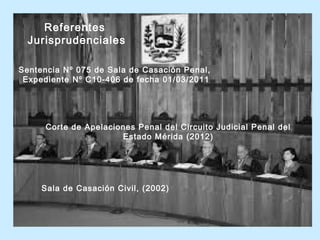 Referentes 
Jurisprudenciales 
Sentencia Nº 075 de Sala de Casación Penal, 
Expediente Nº C10-406 de fecha 01/03/2011 
Corte de Apelaciones Penal del Circuito Judicial Penal del 
Estado Mérida (2012) 
Sala de Casación Civil, (2002) 
 
