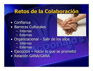 Retos de la Colaboración

• Confianza
• Barreras Culturales
   – Internas
   – Externas
• Organizacional – Salir de los silos
   – Internas
   – Externas
• Ejecución – Hacer lo que se prometió
• Relación GANA/GANA
 