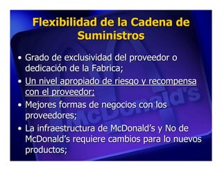 Flexibilidad de la Cadena de
            Suministros
• Grado de exclusividad del proveedor o
  dedicación de la Fabrica;
• Un nivel apropiado de riesgo y recompensa
  con el proveedor;
• Mejores formas de negocios con los
  proveedores;
• La infraestructura de McDonald’s y No de
  McDonald’s requiere cambios para lo nuevos
  productos;
 