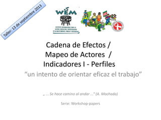 Cadena de Efectos /
Mapeo de Actores /
Indicadores I - Perfiles
“un intento de orientar eficaz el trabajo”
„ ... Se hace camino al andar ...“ (A. Machado)
Serie: Workshop-papers

 
