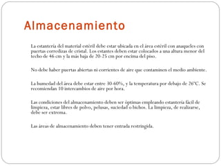 Almacenamiento La estantería del material estéril debe estar ubicada en el área estéril con anaqueles con puertas corredizas de cristal. Los estantes deben estar colocados a una altura menor del techo de 46 cm y la más baja de 20-25 cm por encima del piso.  No debe haber puertas abiertas ni corrientes de aire que contaminen el medio ambiente.  La humedad del área debe estar entre 30-60%, y la temperatura por debajo de 26ºC. Se recomiendan 10 intercambios de aire por hora.  Las condiciones del almacenamiento deben ser óptimas empleando estantería fácil de limpieza, estar libres de polvo, pelusas, suciedad o bichos. La limpieza, de realizarse, debe ser extrema.  Las áreas de almacenamiento deben tener entrada restringida.  