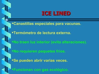   ICE LINED Canastillas especiales para vacunas.  Termómetro de lectura externa. No traen luz interior (evita alteraciones).  No requieren paquetes fríos. Se pueden abrir varias veces. Funcionan con gas ecológico. 