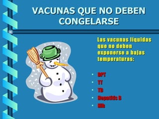 VACUNAS QUE NO DEBEN CONGELARSE Las vacunas líquidas que no deben exponerse a bajas temperaturas: DPT TT TD Hepatitis B Hib 