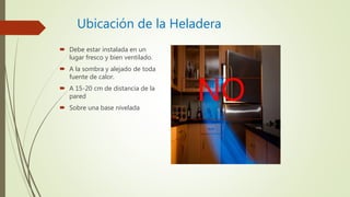 Ubicación de la Heladera
 Debe estar instalada en un
lugar fresco y bien ventilado.
 A la sombra y alejado de toda
fuente de calor.
 A 15-20 cm de distancia de la
pared
 Sobre una base nivelada
NO
 
