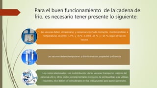 Para el buen funcionamiento de la cadena de
frío, es necesario tener presente lo siguiente:
Las vacunas deben almacenarse y conservarse en todo momento, manteniéndolas a
temperaturas de entre +2 ºC y +8 ºC o entre –25 ºC y +15 ºC, según el tipo de
vacuna.
Las vacunas deben manipularse y distribuirse con propiedad y eficiencia.
Los costos relacionados con la distribución de las vacunas (transporte, viáticos del
personal, etc.) y otros costos complementarios (consumo de combustibles si se utilizan,
repuestos, etc.) deben ser considerados en los presupuestos para gastos generales.
 