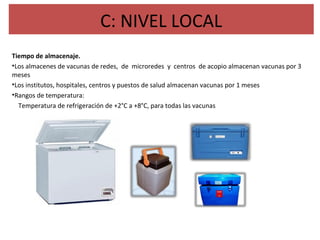C: NIVEL LOCAL
Tiempo de almacenaje.
•Los almacenes de vacunas de redes, de microredes y centros de acopio almacenan vacunas por 3
meses
•Los institutos, hospitales, centros y puestos de salud almacenan vacunas por 1 meses
•Rangos de temperatura:
Temperatura de refrigeración de +2°C a +8°C, para todas las vacunas
 