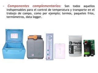 - Componentes complementarios: Son todos aquellos
indispensables para el control de temperatura y transporte en el
trabajo de campo, como por ejemplo; termos, paquetes fríos,
termómetros, data logger.
 