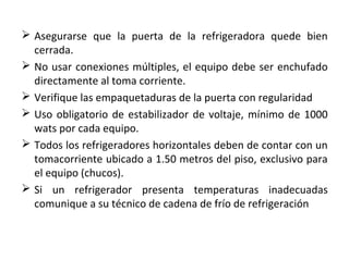  Asegurarse que la puerta de la refrigeradora quede bien
cerrada.
 No usar conexiones múltiples, el equipo debe ser enchufado
directamente al toma corriente.
 Verifique las empaquetaduras de la puerta con regularidad
 Uso obligatorio de estabilizador de voltaje, mínimo de 1000
wats por cada equipo.
 Todos los refrigeradores horizontales deben de contar con un
tomacorriente ubicado a 1.50 metros del piso, exclusivo para
el equipo (chucos).
 Si un refrigerador presenta temperaturas inadecuadas
comunique a su técnico de cadena de frío de refrigeración
 