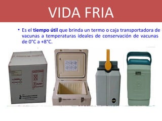 • Es el tiempo útil que brinda un termo o caja transportadora de
vacunas a temperaturas ideales de conservación de vacunas
de 0°C a +8°C.
VIDA FRIA
 