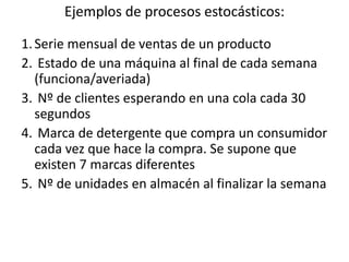 Ejemplos de procesos estocásticos:
1.Serie mensual de ventas de un producto
2. Estado de una máquina al final de cada semana
(funciona/averiada)
3. Nº de clientes esperando en una cola cada 30
segundos
4. Marca de detergente que compra un consumidor
cada vez que hace la compra. Se supone que
existen 7 marcas diferentes
5. Nº de unidades en almacén al finalizar la semana
 
