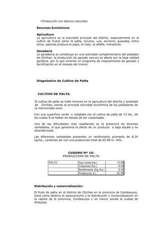  Producción con abonos naturales

 Recursos Económicos

 Agricultura
 La agricultura es la actividad principal del distrito, especialmente en el
 cultivo de frutos como la palta, lúcuma, uva, durazno, guayaba, entre
 otros, además produce la papa, el maíz, la alfalfa, menestras.

 Ganadería
 La ganadería se constituye en una actividad complementaria del poblador
 de Chichas; la producción de ganado vacuno se afecta por la baja calidad
 genética, por lo que amerita un programa de mejoramiento de ganado y
 tecnificación en el manejo del mismo.




 Diagnóstico de Cultivo de Palta



  CULTIVO DE PALTA

El cultivo de palta se halla inmerso en la agricultura del distrito y localidad
de Chichas, siendo la principal actividad económica de los pobladores de
la mencionada zona.

Con una superficie verde o instalada con el cultivo de palta de 13 Ha., de
las cuales 8 se hallan en estado de ser cosechadas.

Una de las dificultades mas resaltantes es la presencia de diversas
variedades, lo que generaría la oferta de un producto a baja escala y no
estandarizado.

Las diferentes variedades presentan un rendimiento promedio de 8.24
kg/ha., contando así con una producción total de 65.90 tn. Año.



                        CUADRO Nº 15:
                     PRODUCCION DE PALTA




Distribución y comercialización:

El fruto de palta en el distrito de Chichas en la provincia de Condesuyos,
tiene como destino el autoconsumo y la distribución y comercialización en
la capital de la provincia, Condesuyos y en menor escala la ciudad de
Arequipa.
 