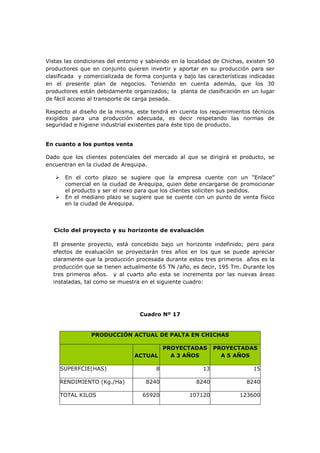 Vistas las condiciones del entorno y sabiendo en la localidad de Chichas, existen 50
productores que en conjunto quieren invertir y aportar en su producción para ser
clasificada y comercializada de forma conjunta y bajo las características indicadas
en el presente plan de negocios. Teniendo en cuenta además, que los 30
productores están debidamente organizados; la planta de clasificación en un lugar
de fácil acceso al transporte de carga pesada.

Respecto al diseño de la misma, este tendrá en cuenta los requerimientos técnicos
exigidos para una producción adecuada, es decir respetando las normas de
seguridad e higiene industrial existentes para éste tipo de producto.


En cuanto a los puntos venta

Dado que los clientes potenciales del mercado al que se dirigirá el producto, se
encuentran en la ciudad de Arequipa.

       En el corto plazo se sugiere que la empresa cuente con un “Enlace”
        comercial en la ciudad de Arequipa, quien debe encargarse de promocionar
        el producto y ser el nexo para que los clientes soliciten sus pedidos.
       En el mediano plazo se sugiere que se cuente con un punto de venta físico
        en la ciudad de Arequipa.



  Ciclo del proyecto y su horizonte de evaluación

  El presente proyecto, está concebido bajo un horizonte indefinido; pero para
  efectos de evaluación se proyectarán tres años en los que se puede apreciar
  claramente que la producción procesada durante estos tres primeros años es la
  producción que se tienen actualmente 65 TN /año, es decir, 195 Tm. Durante los
  tres primeros años. y al cuarto año esta se incrementa por las nuevas áreas
  instaladas, tal como se muestra en el siguiente cuadro:




                                  Cuadro Nº 17


                 PRODUCCIÓN ACTUAL DE PALTA EN CHICHAS

                                       PROYECTADAS            PROYECTADAS
                                ACTUAL   A 3 AÑOS               A 5 AÑOS

       SUPERFCIE(HAS)                   8                13                 15

       RENDIMIENTO (Kg./Ha)         8240               8240              8240

       TOTAL KILOS                 65920            107120             123600
 