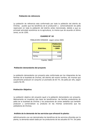 Población de referencia



La población de referencia esta conformado por toda la población del distrito de
Chichas. puesto que los beneficios de la producción y comercialización de palta
repercuten en toda la población del distrito antes mencionado, debido a que su
principal actividad económica es la agricultura, la misma que de acuerdo al último
censo, es de 1200.

                                  CUADRO Nº 18

                     POBLACION CENSADA según censo 2005

                                                Población
                                                Censada
                              Distritos.         - 2005

                        Chichas                       1200

                        TOTAL                         1200

                                  Fuente: INEEI



Población demandante del proyecto



La población demandante con proyecto esta conformada por los integrantes de las
familias de la localidad de Chichas, del distrito del mismo nombre; las mismas que
actualmente producen en conjunto un promedio de 65 Tm. De palta por año, según
cuadro No 09.



Población Objetivo



La población objetivo del proyecto igual a la población demandante con proyecto.
Básicamente se muestran dos tipos de beneficiarios: las familias productoras de
palta de la localidad de Chichas y los productores de zonas aledañas que también
producen y comercializan su producto en las mismas condiciones que los
pobladores de Chichas.



Análisis de la demanda de los servicios que ofrecerá la planta:

definitivamente una vez demostrados los beneficios de los servicios ofrecidos por la
planta, la demanda estará dada por los productores de las actuales 65 Tm. De palta
 