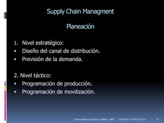 SupplyChainManagmentPlaneaciónNivel estratégico:Diseño del canal de distribución.Previsión de la demanda.2. Nivel táctico:Programación de producción.Programación de movilización.17/09/2011 10:02:59 a.m.11Carlos Alberto Salazar Villalba - MID