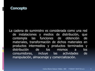 ConceptoLa cadena de suministro es considerada como una red de instalaciones y medios de distribución, que contempla las funciones de obtención de materiales, transformación de dichos materiales en productos intermedios y productos terminados y distribución de los mismos a los consumidores, incluye las actividades de manipulación, almacenaje y comercialización.17/09/2011 10:02:51 a.m.3Carlos Alberto Salazar Villalba - MID