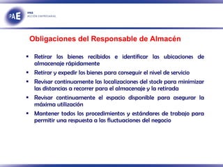 Retirar los bienes recibidos e identificar las ubicaciones de almacenaje rápidamente Retirar y expedir los bienes para conseguir el nivel de servicio Revisar continuamente las localizaciones del stock para minimizar las distancias a recorrer para el almacenaje y la retirada Revisar continuamente el espacio disponible para asegurar la máxima utilización Mantener todos los procedimientos y estándares de trabajo para permitir una respuesta a las fluctuaciones del negocio Obligaciones del Responsable de Almacén  
