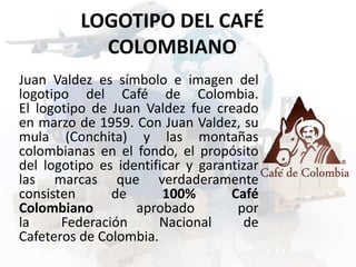 LOGOTIPO DEL CAFÉ 
COLOMBIANO 
Juan Valdez es símbolo e imagen del 
logotipo del Café de Colombia. 
El logotipo de Juan Valdez fue creado 
en marzo de 1959. Con Juan Valdez, su 
mula (Conchita) y las montañas 
colombianas en el fondo, el propósito 
del logotipo es identificar y garantizar 
las marcas que verdaderamente 
consisten de 100% Café 
Colombiano aprobado por 
la Federación Nacional de 
Cafeteros de Colombia. 
 