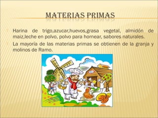  Harina de trigo,azucar,huevos,grasa vegetal, almidón de 
maiz,leche en polvo, polvo para hornear, sabores naturales. 
 La mayoría de las materias primas se obtienen de la granja y 
molinos de Ramo. 
 