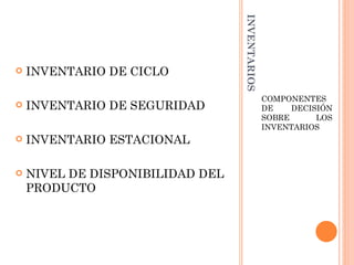 INVENTARIOS
   INVENTARIO DE CICLO

                                                COMPONENTES
   INVENTARIO DE SEGURIDAD                     DE    DECISIÓN
                                                SOBRE      LOS
                                                INVENTARIOS
   INVENTARIO ESTACIONAL

   NIVEL DE DISPONIBILIDAD DEL
    PRODUCTO
 
