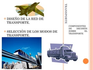 TRANSPORTE
   DISEÑO DE LA RED DE
    TRANSPORTE.
                                             COMPONENTES
                                             DE    DECISIÓN
   SELECCIÓN DE LOS MODOS DE                SOBRE       EL
                                             TRANSPORTE
    TRANSPORTE.
 