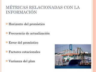 MÉTRICAS RELACIONADAS CON LA
INFORMACIÓN

   Horizonte del pronóstico

   Frecuencia de actualización

   Error del pronóstico

   Factores estacionales

   Varianza del plan
 