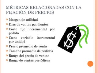 MÉTRICAS RELACIONADAS CON LA
FIJACIÓN DE PRECIOS
 Margen de utilidad
 Días de ventas pendientes

 Costo fijo incremental por
  pedido
 Costo   variable incremental
  por unidad
 Precio promedio de venta

 Tamaño promedio de pedidos

 Rango del precio de ventas

 Rango de ventas periódicas
 