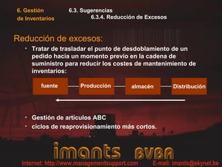 6. Gestión        6.3. Sugerencias
de Inventarios            6.3.4. Reducción de Excesos



Reducción de excesos:
  • Tratar de trasladar el punto de desdoblamiento de un
    pedido hacia un momento previo en la cadena de
    suministro para reducir los costes de mantenimiento de
    inventarios:

         fuente       Producción        almacén         Distribución




  • Gestión de artículos ABC
  • ciclos de reaprovisionamiento más cortos.
 