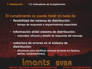 7. Distribución   7.3. Indicadores de Cumplimiento




El cumplimiento se puede medir en base de:
   • flexibilidad del sistema de distribución:
       • tiempo de respuesta a requerimientos especiales

   • Información al/del sistema de distribución:
       • velocidad, eficacia y detalle de respuesta del mensaje

   • cobertura de errores en el sistema de
     distribución:
       • eficiencia para rectificar errores (errores en factura,
         daños, reclamaciones).
 
