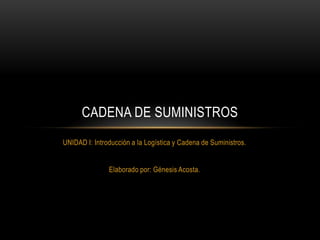 CADENA DE SUMINISTROS
UNIDAD I: Introducción a la Logística y Cadena de Suministros.


               Elaborado por: Génesis Acosta.
 