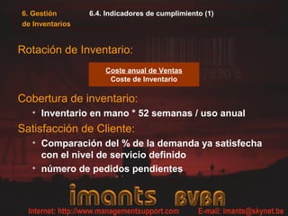 6.4. Indicadores de cumplimiento (1)
Rotación de Inventario:
Cobertura de inventario:
• Inventario en mano * 52 semanas / uso anual
Satisfacción de Cliente:
• Comparación del % de la demanda ya satisfecha
con el nivel de servicio definido
• número de pedidos pendientes
Coste anual de Ventas
Coste de Inventario
6. Gestión
de Inventarios
 