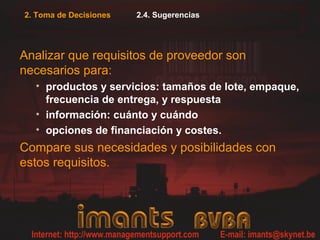 2. Toma de Decisiones 2.4. Sugerencias
Analizar que requisitos de proveedor son
necesarios para:
• productos y servicios: tamaños de lote, empaque,
frecuencia de entrega, y respuesta
• información: cuánto y cuándo
• opciones de financiación y costes.
Compare sus necesidades y posibilidades con
estos requisitos.
 